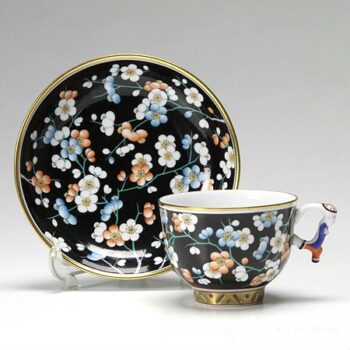 Teacup and Saucer, mandarin handle - Black Plum Flower