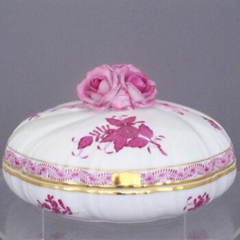 Bonbonniere, Rose Knob - Chinese Bouquet Raspberry 6.7 inch diameter bonbonniere with hand-painted with world famous Chinese Bouquet Raspberry first ordered by Count Apponyi. Also available in green, blue, yellow, black and multicolor colours.